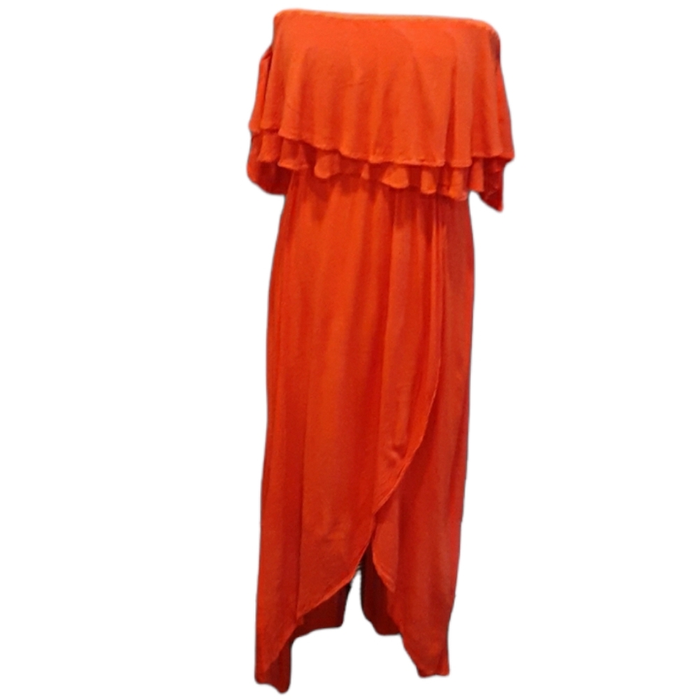 essue One-Shoulder Orange Maxi Dress with Layered Ruffle